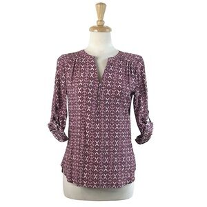 KIM ROGERS Shirt 3/4 Roll Sleeve V-Neck Petite Small Pink Diagonal Blouse Top